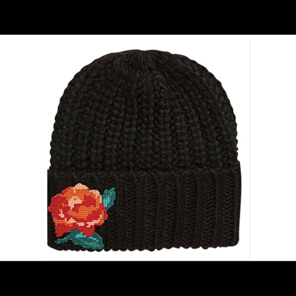 NWT Free People Black Beanie with Rose Embroidery